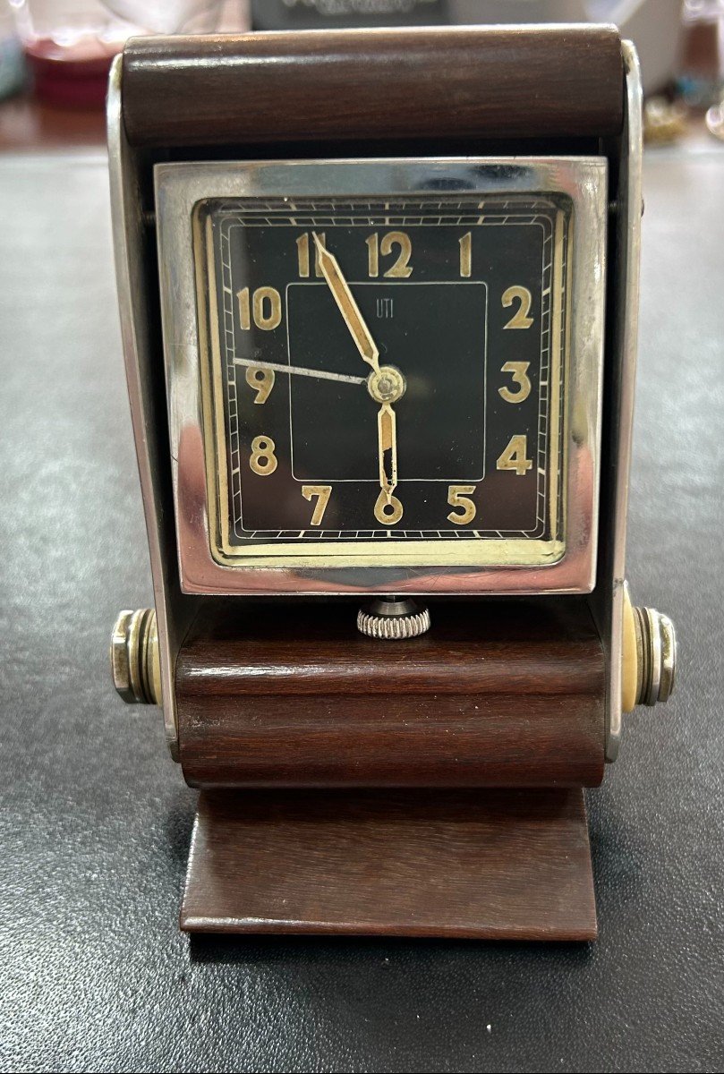 Art Deco Travel Alarm Clock Bakelite Chrome And Mahogany Wood From Uti