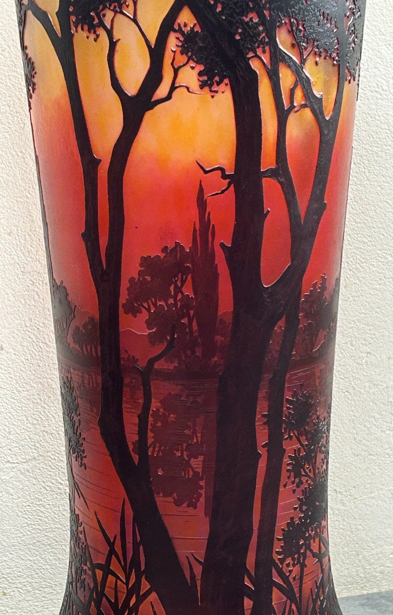 Daum Nancy Glass Paste Vase With Acid Etched Lake Landscape Decor-photo-3