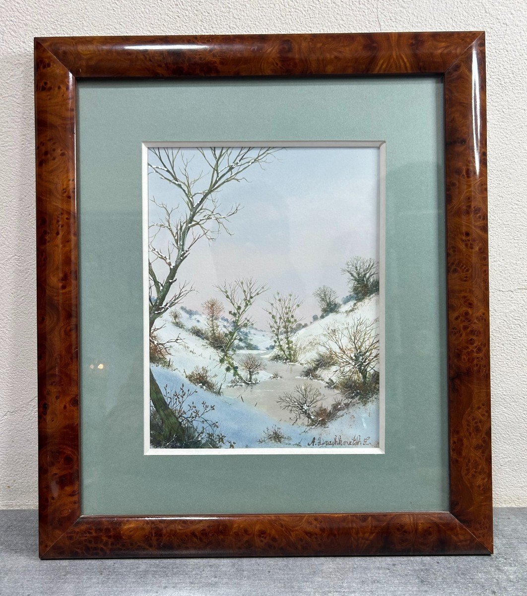 Watercolor Painting By Albert Drachkovitch, Snowy Landscape