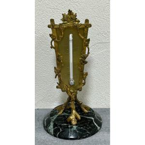 Thermomètre En Bronze Doré Et Marbre Signé Réaumur d'époque Napoléon III Au Mercure