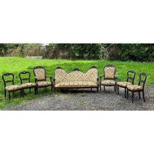 Ensemble 7 Pièces Canapé Corbeille 2 Fauteuils Et 4 Chaises époque Napoléon III En Acajou 19ème