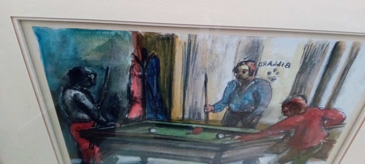 Aquarelle Partie De Billard 20ème-photo-1