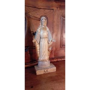 Statuette En Bois Vierge Polychrome