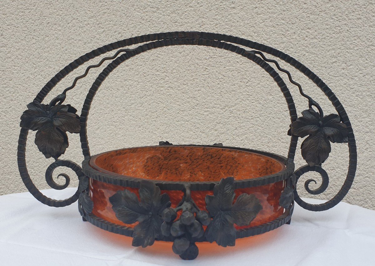 Art Deco Fruit Bowl Paste Glass Wrought Iron Vines-photo-3
