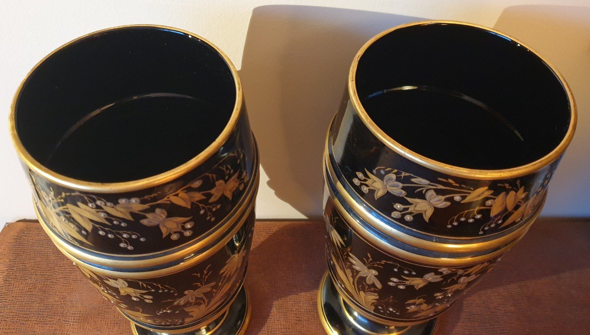 Paire De Vases Opaline Noir ,décors De Fleurs à l'Or Napoléon III-photo-4