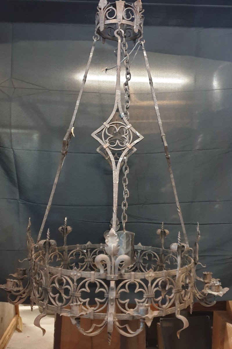 Important Wrought Iron Chandelier Gothic Style 19th Century -photo-2