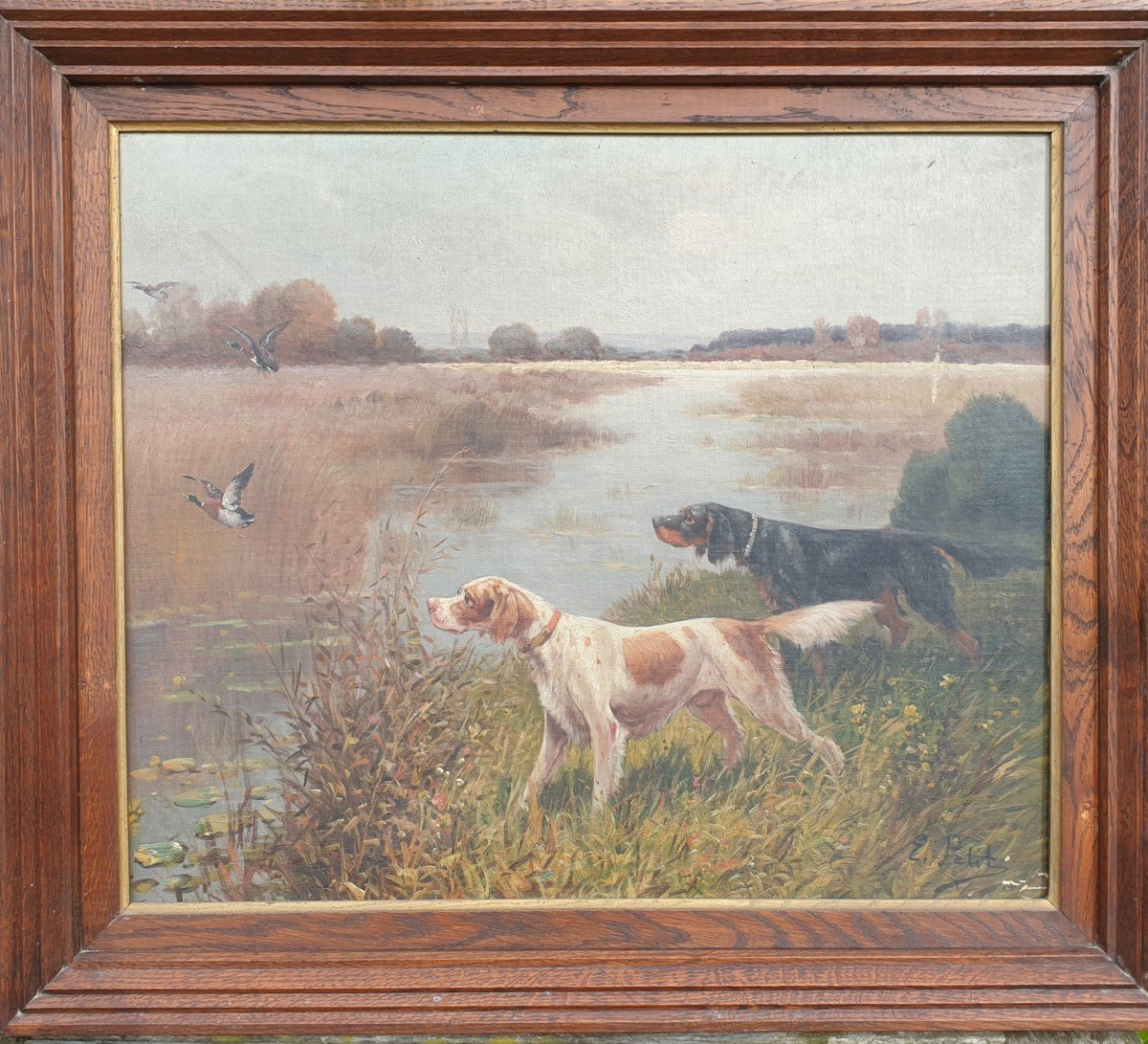  Eugène Petit (1939- 1886 )    Chiens à  l'Arrêt Devant Des Canards 