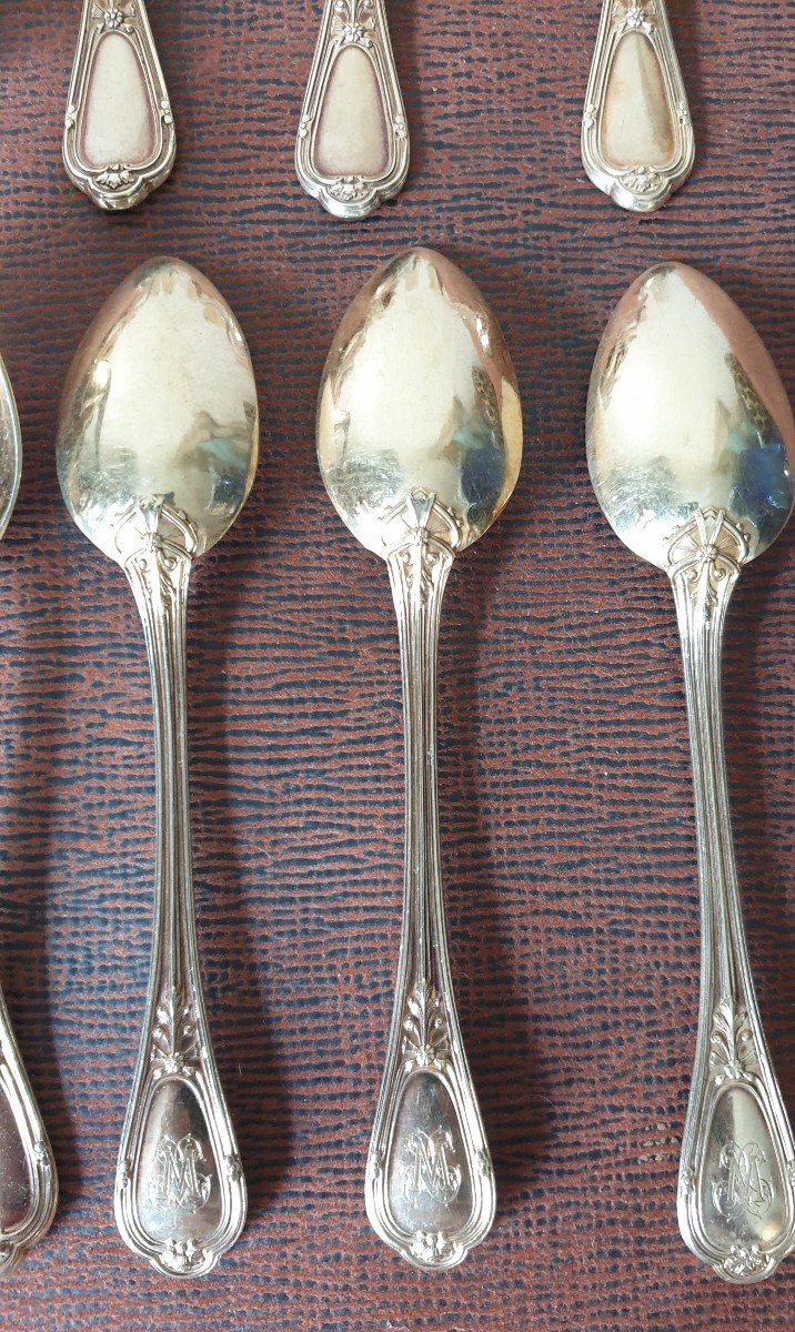  émile Puiforcat 12 Vermeil Spoons Minerva Sugar Tongs -photo-2