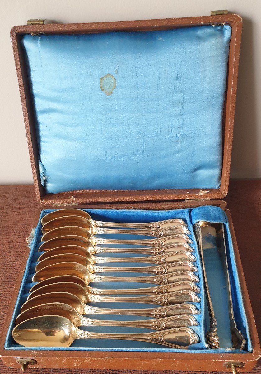  émile Puiforcat 12 Vermeil Spoons Minerva Sugar Tongs -photo-1