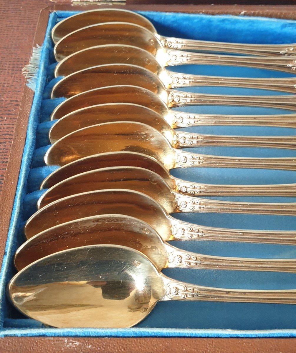  émile Puiforcat 12 Vermeil Spoons Minerva Sugar Tongs -photo-2