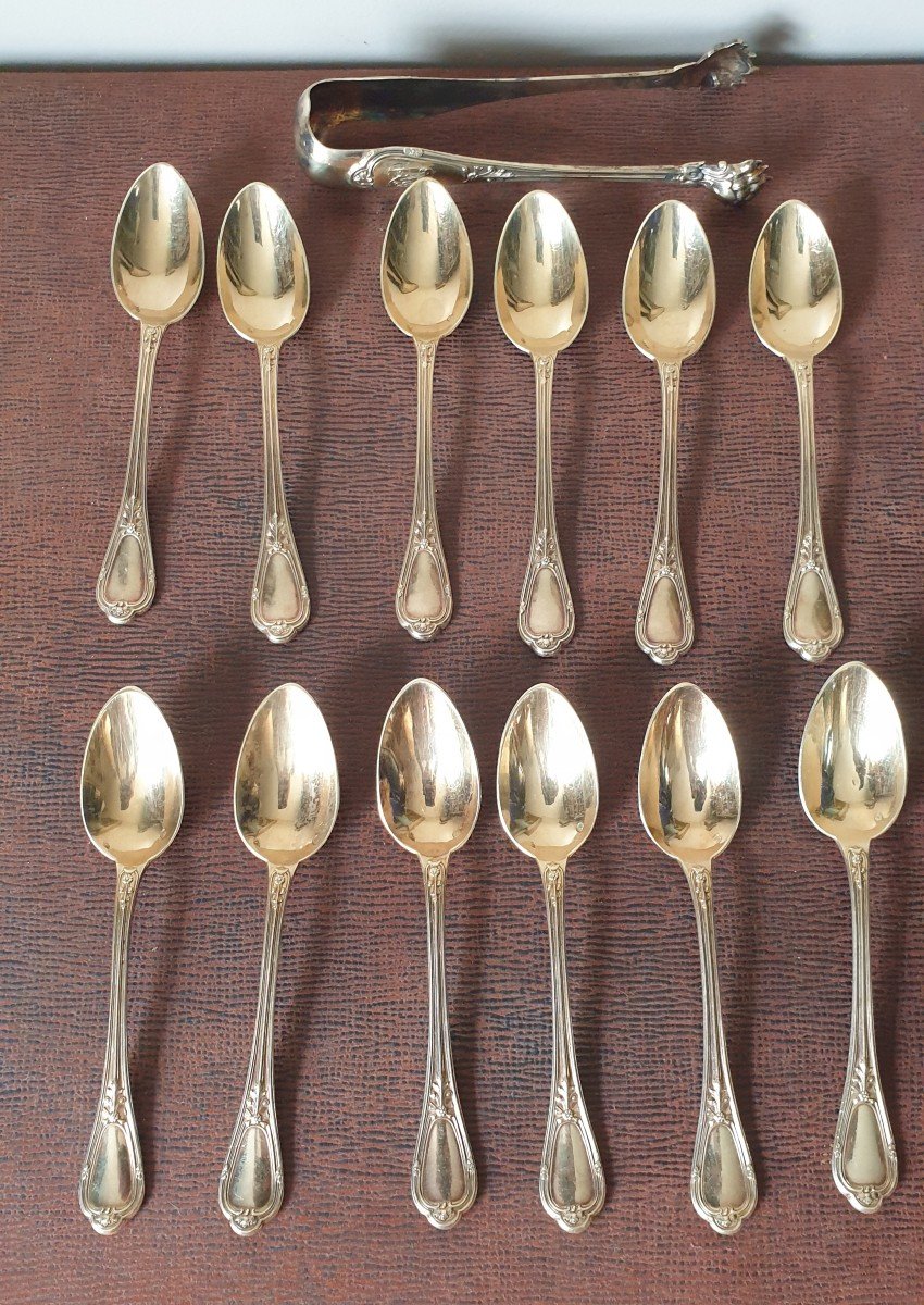  émile Puiforcat 12 Vermeil Spoons Minerva Sugar Tongs 