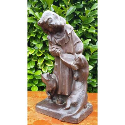 Jean Tarrit Sculpture Girls With Cats Art Nouveau Mahogany