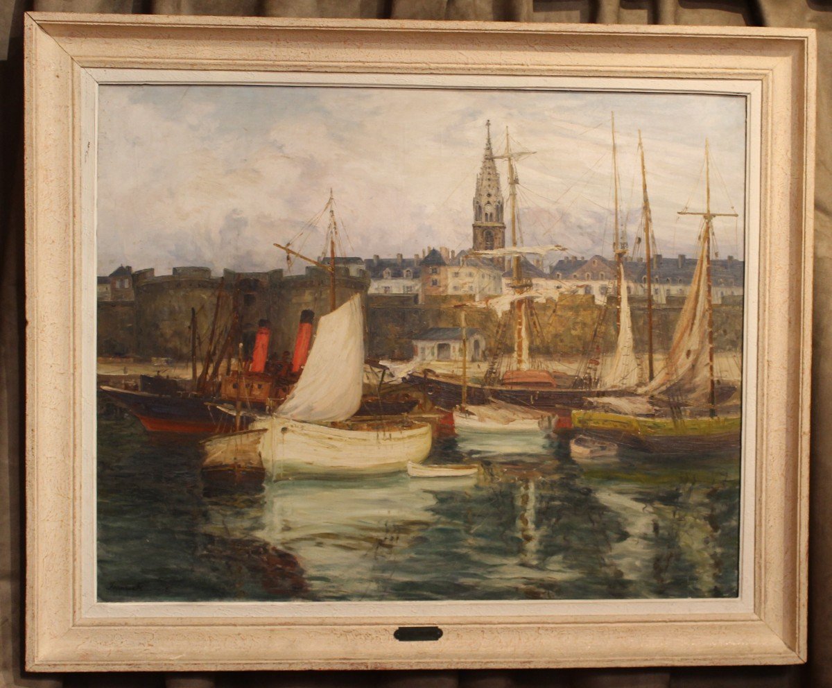 Large Oil On Canvas "port Of Saint Malo" By Jeanne Simonnet