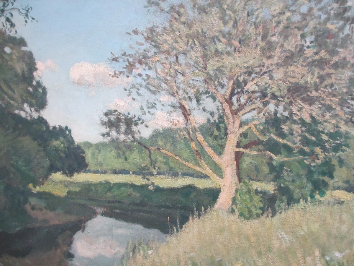 Large Oil On Canvas "the Banks Of The Risle" By Alfred Swieykowsky-photo-2