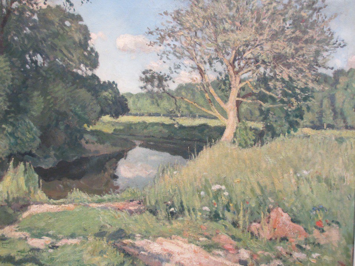 Large Oil On Canvas "the Banks Of The Risle" By Alfred Swieykowsky-photo-2