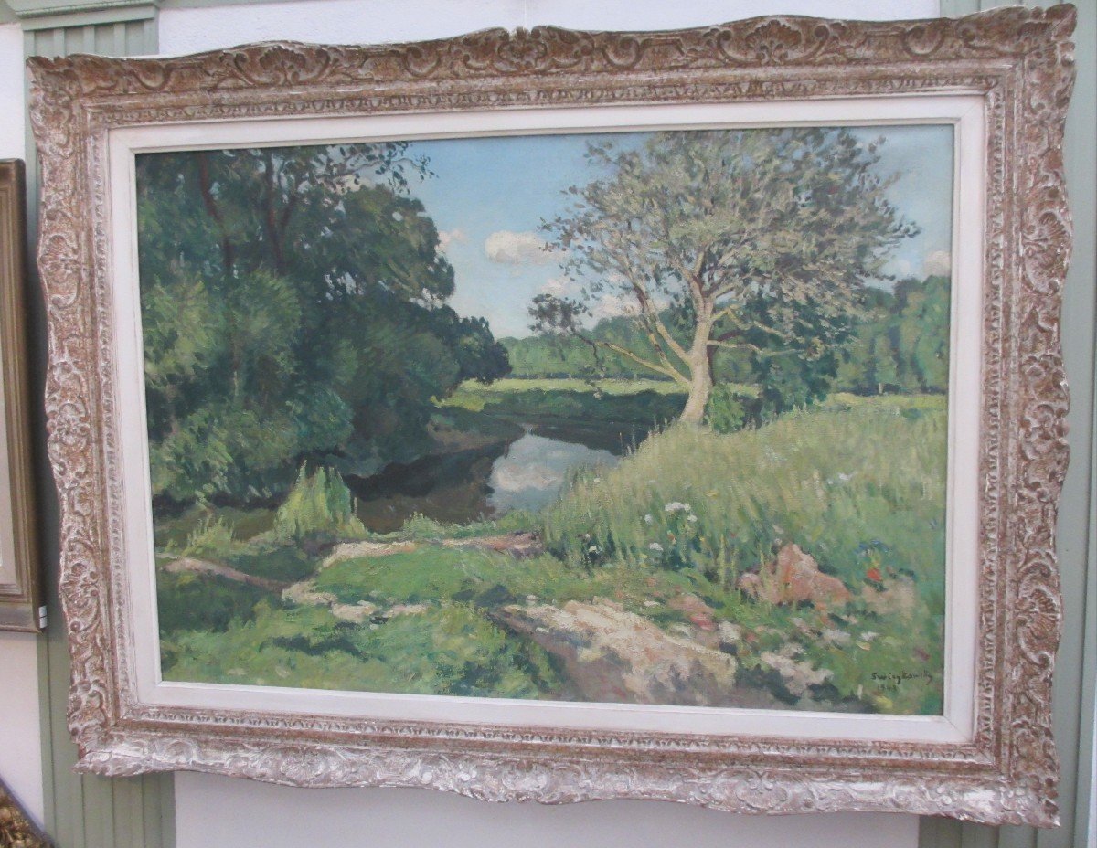 Large Oil On Canvas "the Banks Of The Risle" By Alfred Swieykowsky