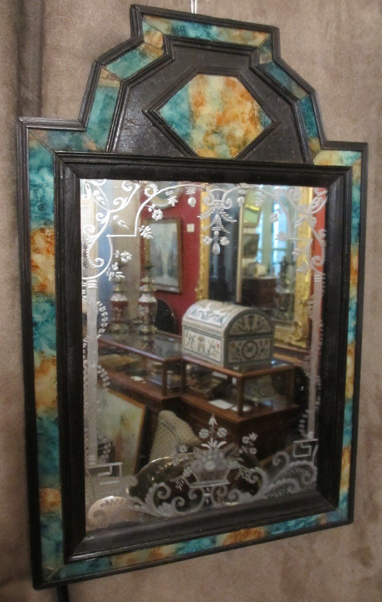 Rare Mirror In Painted Glass Veneer And Engraved Mercury Mirror. Italy Late 17th Century.-photo-2