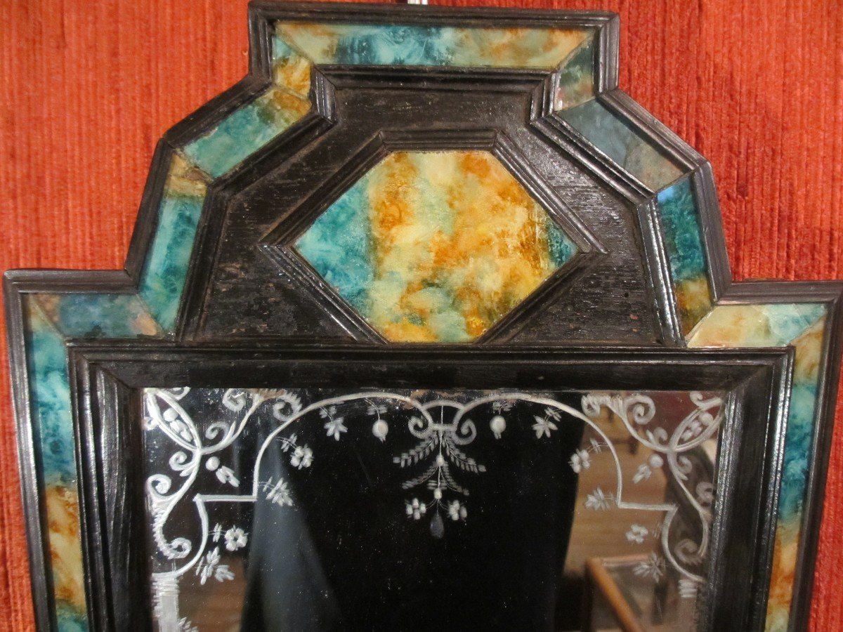 Rare Miroir En Placage De Verre Peint Et Miroir Au Mercure  Gravé . Italie fin XVII s.-photo-3