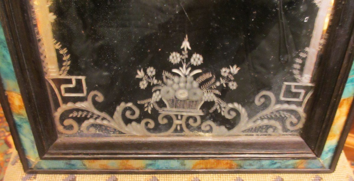 Rare Miroir En Placage De Verre Peint Et Miroir Au Mercure  Gravé . Italie fin XVII s.-photo-1