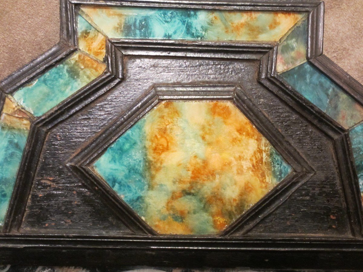 Rare Miroir En Placage De Verre Peint Et Miroir Au Mercure  Gravé . Italie fin XVII s.-photo-6