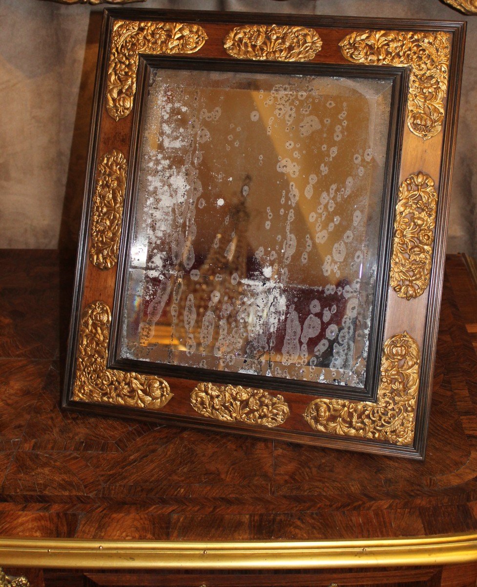 Table Mirror In Walnut And Repoussé Brass. France 17th Century.