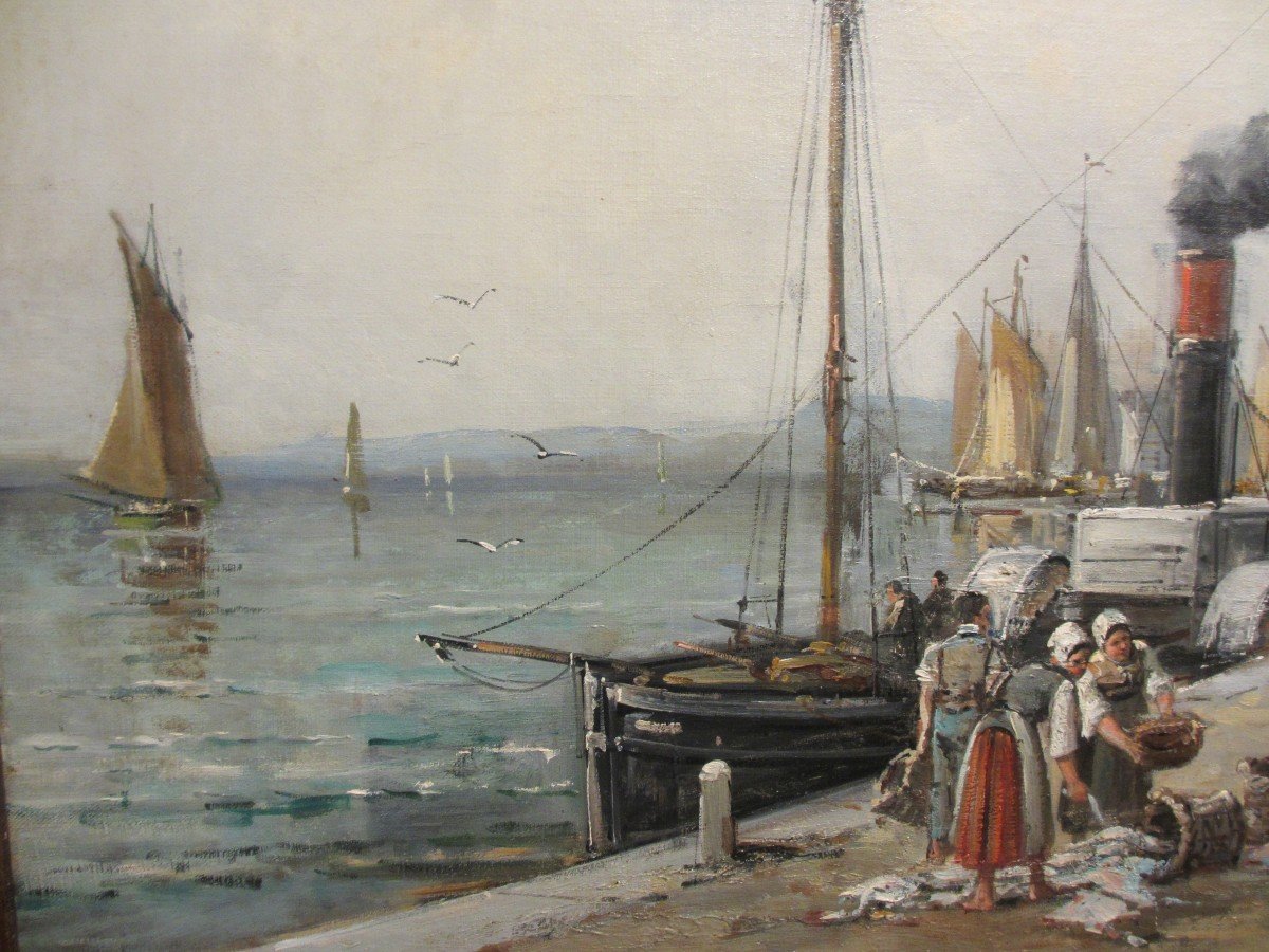 Grande Huile Sur Toile "quais De Trouville" Par Gustave Mascart-photo-5