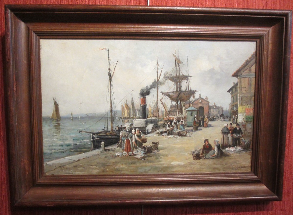 Grande Huile Sur Toile "quais De Trouville" Par Gustave Mascart