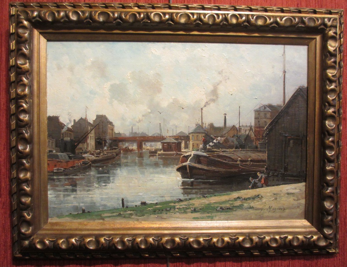 Oil On Canvas By Gustave Mascart "river Port Near Paris"