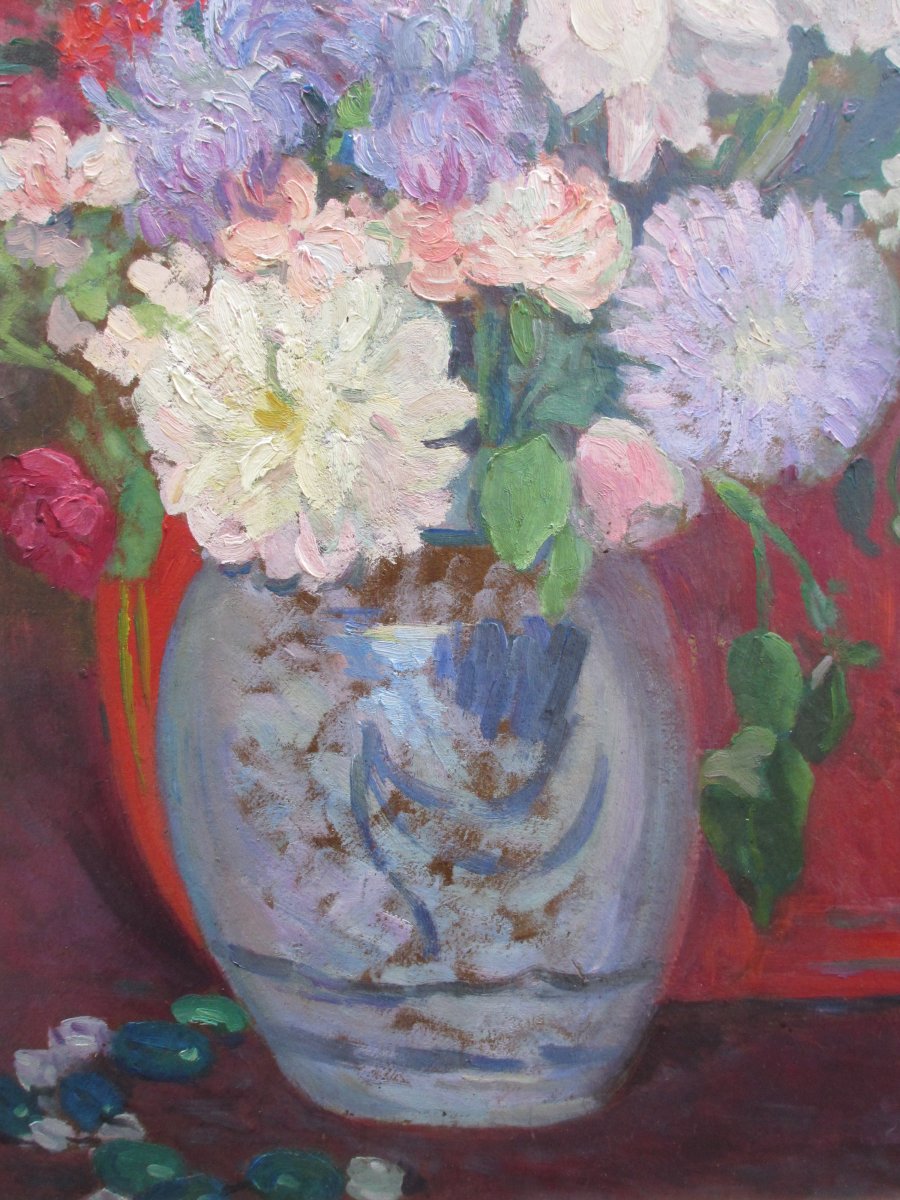 Oil On Cardboard: Bouquet Of Flowers-photo-3