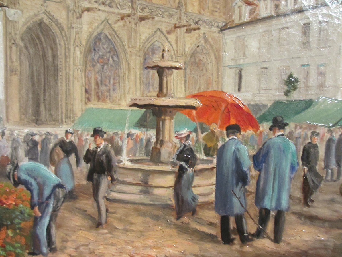 Huile sur toile "le marché de Falaise devant l'église Saint Gervais" par Robert Frémont .-photo-7