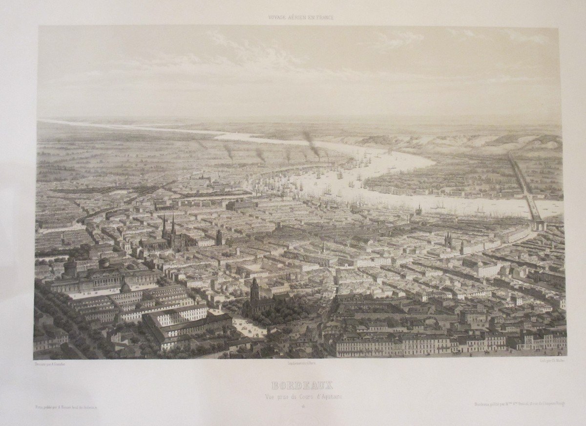 Voyage aérien en France , Lithographie de la ville de Bordeaux.