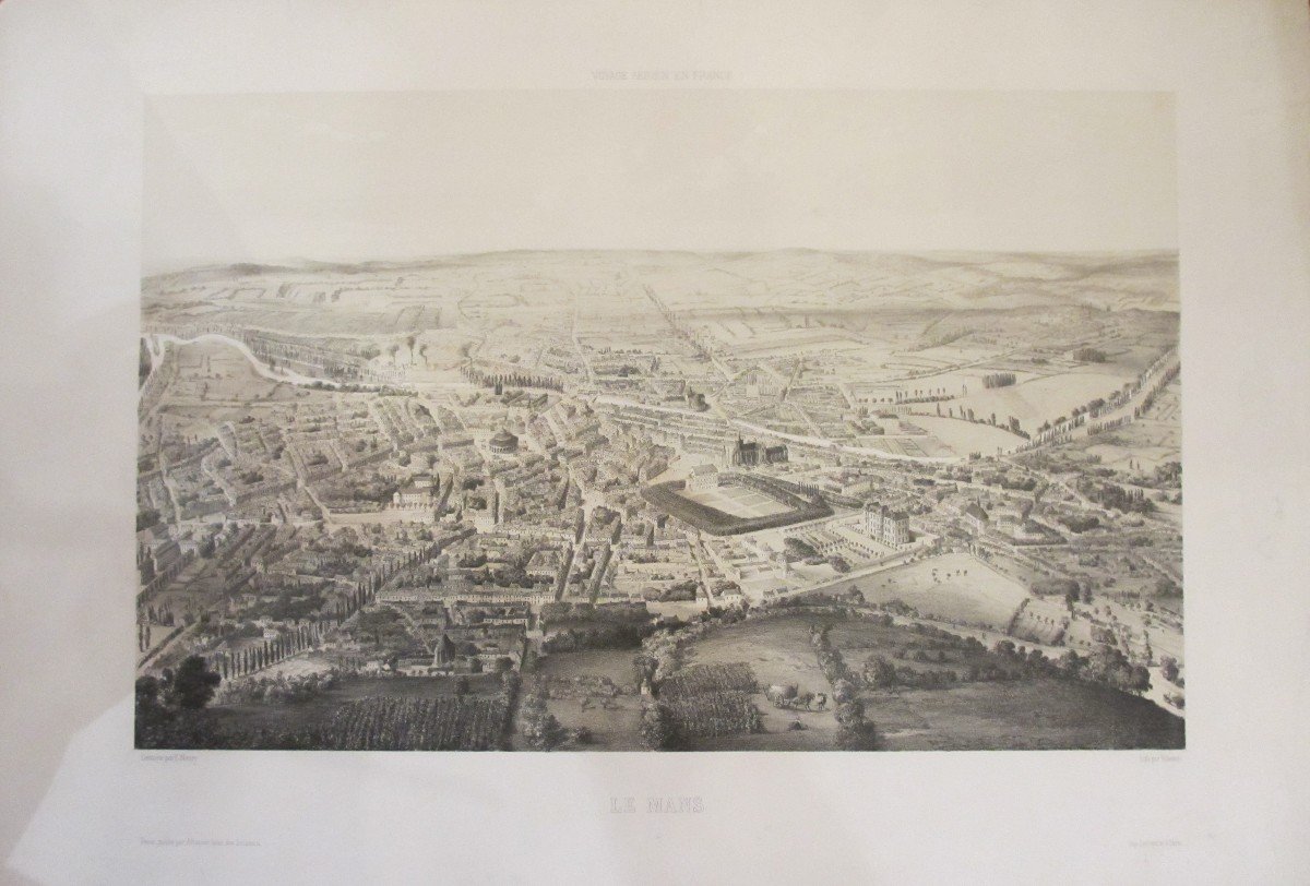 Voyage aérien en France , Lithographie de la Ville du Mans .