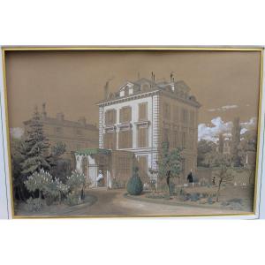 Gouache Drawing "bourgeois House And Its Garden" By Adolphe Maugendre. 1850