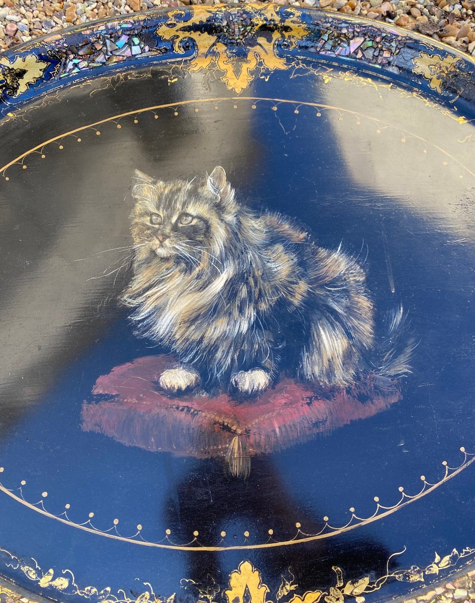 Very Large Tray In Painted And Burgundy Sheet Metal, Cat Decor, Napoleon III Period.-photo-2