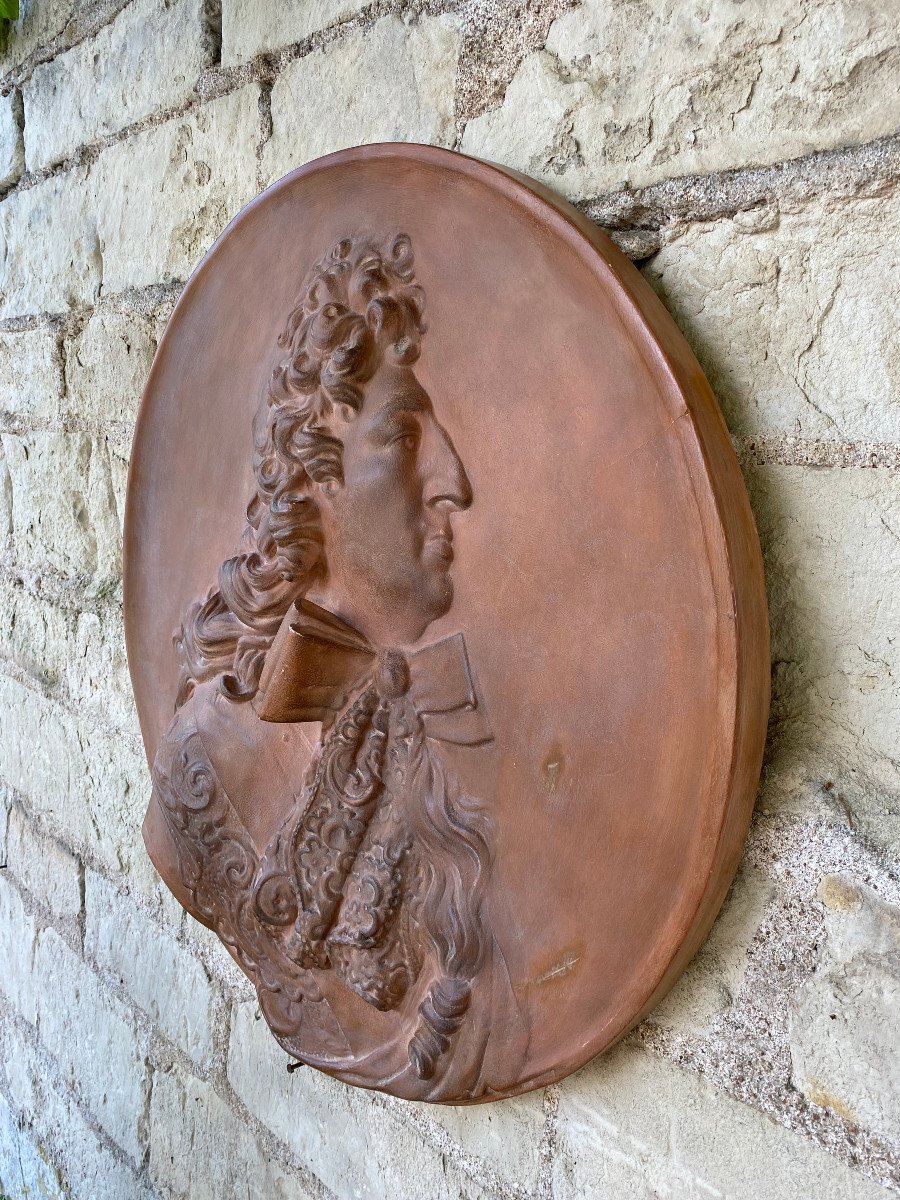 Grand M&eacute;daillon En Platre, Profil De Louis XIV, d&#039;Apr&egrave;s Pierre Puget, XXeme Si&egrave;cle-photo-3