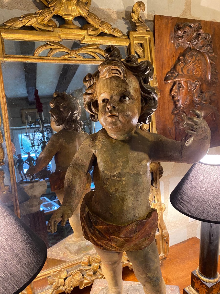 Important Putto En Bois Polychrome, Italie XVIIIeme Siècle-photo-3