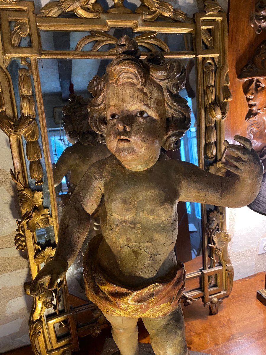 Important Putto En Bois Polychrome, Italie XVIIIeme Siècle