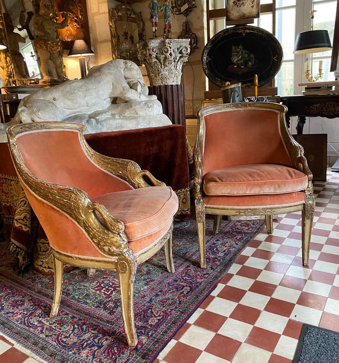 Pair Of Swan Neck Boudoir Armchairs, 19th Century