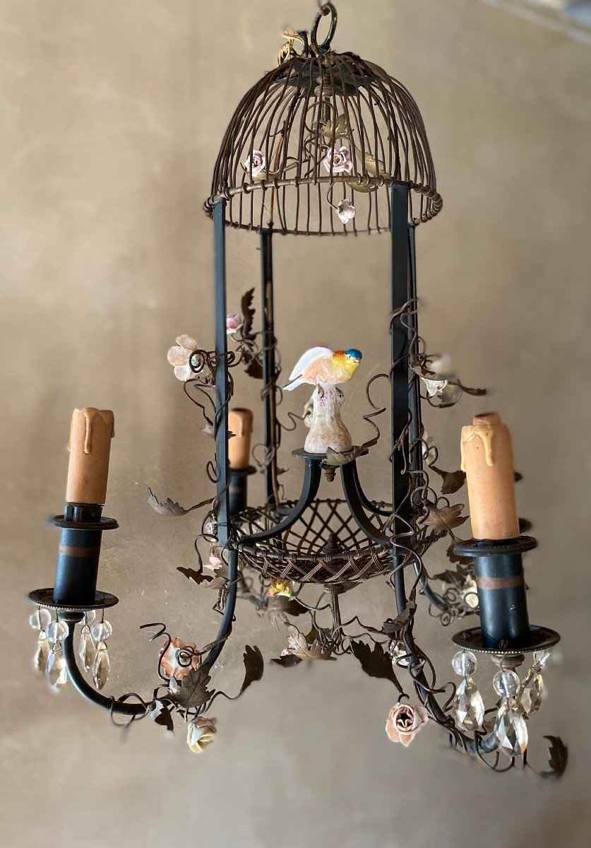 Lustre Cage, Acier Et Porcelaine De Meissen Fin Du XIXeme Siècle-photo-2