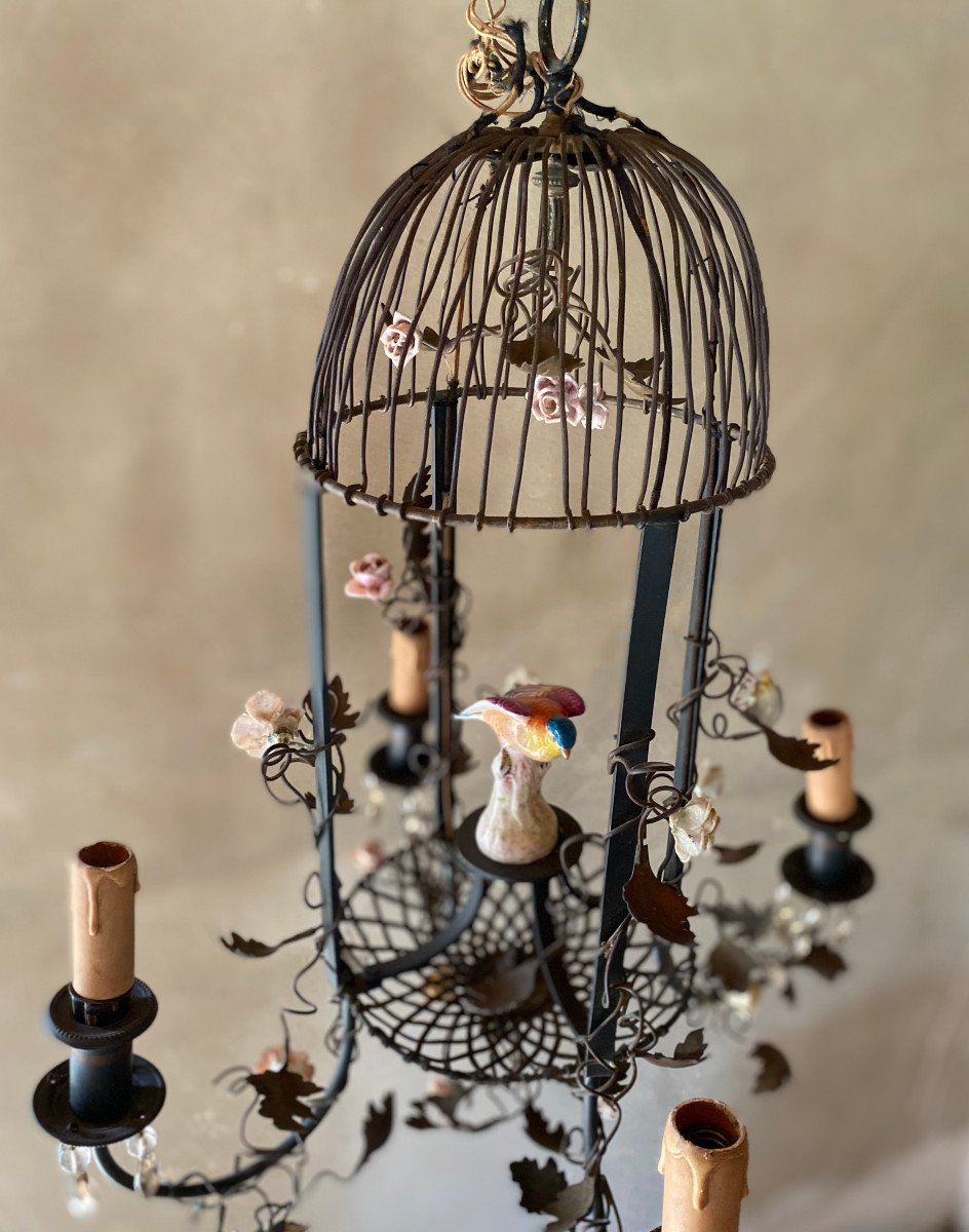 Lustre Cage, Acier Et Porcelaine De Meissen Fin Du XIXeme Siècle-photo-3