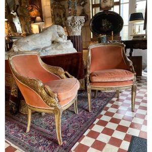 Pair Of Swan Neck Boudoir Armchairs, 19th Century