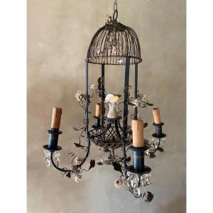 Lustre Cage, Acier Et Porcelaine De Meissen Fin Du XIXeme Siècle