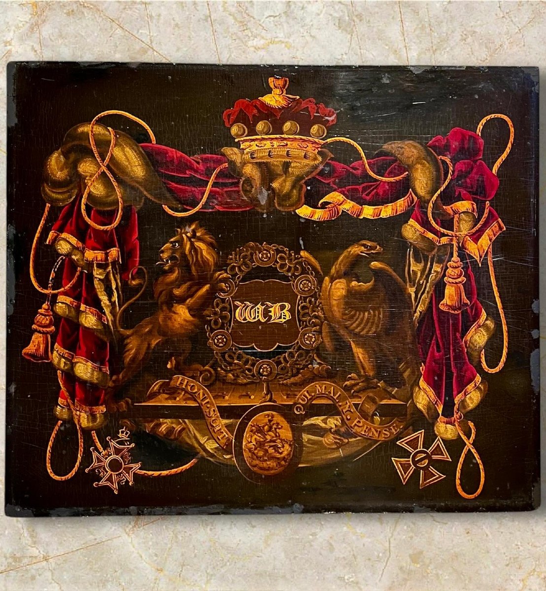 Painted Wooden Panel, Part Of A Carriage Door. Coats Of Arms19th Century. 