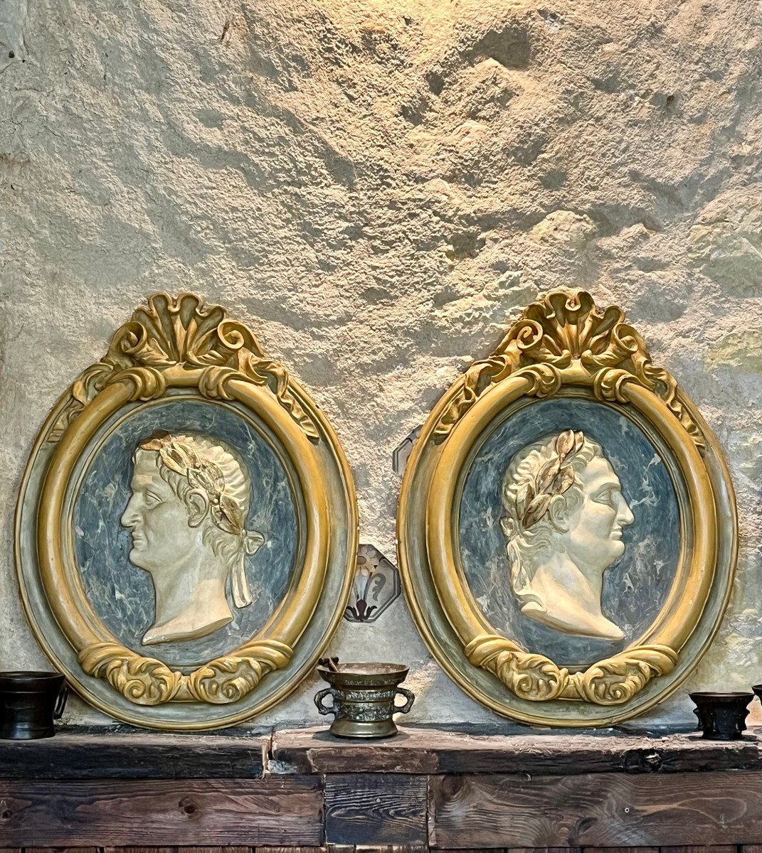 Profiles Of Roman Emperors, Pair Of Large Plaster Medallions, Late 19th Century 