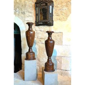 Pair Of Large Wooden Candle Holders With Baluster Shafts, Columns, Bolsters, Fun XVIIth Century.