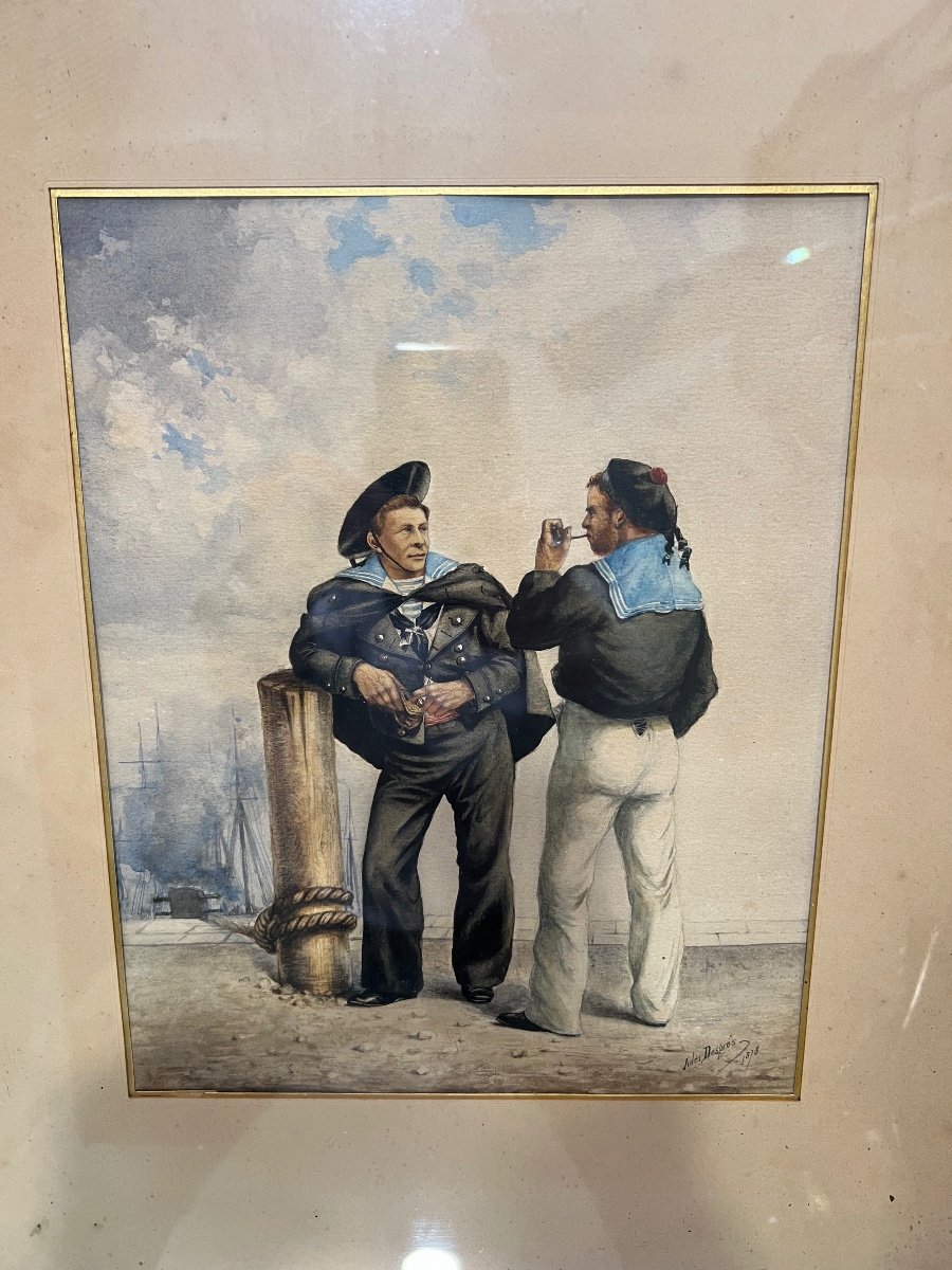 Watercolor Signed Jules Despres 1878 Two Sailors In Port-photo-2