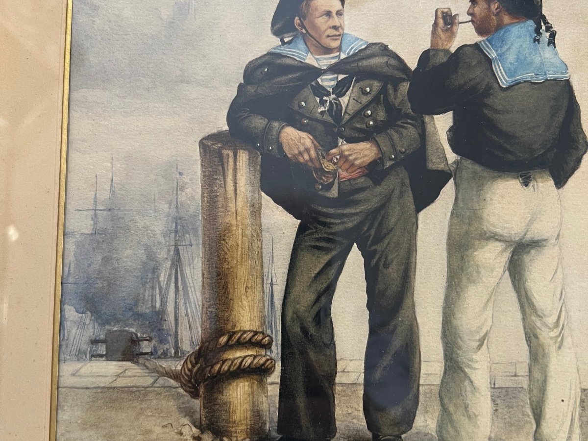 Watercolor Signed Jules Despres 1878 Two Sailors In Port-photo-3