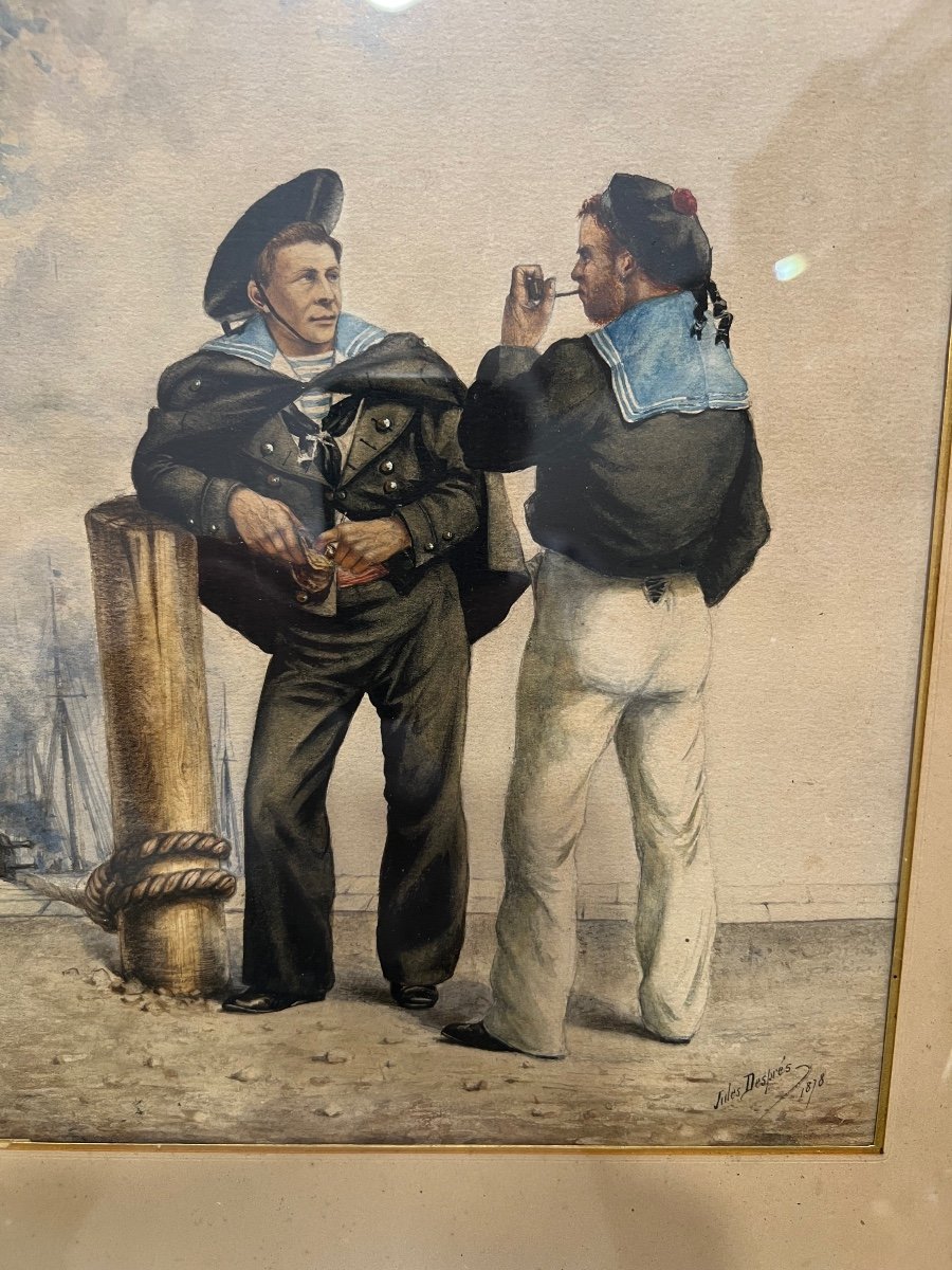 Watercolor Signed Jules Despres 1878 Two Sailors In Port-photo-2