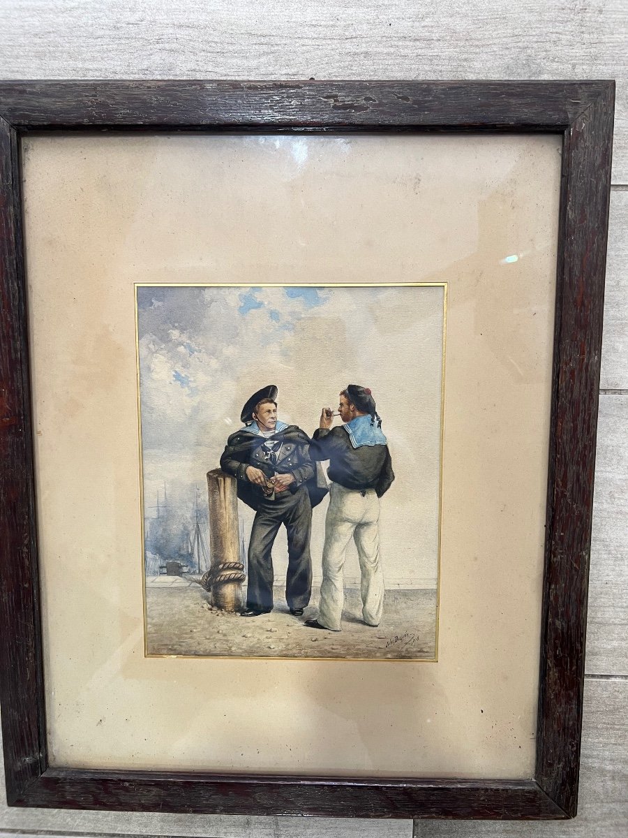 Watercolor Signed Jules Despres 1878 Two Sailors In Port-photo-3