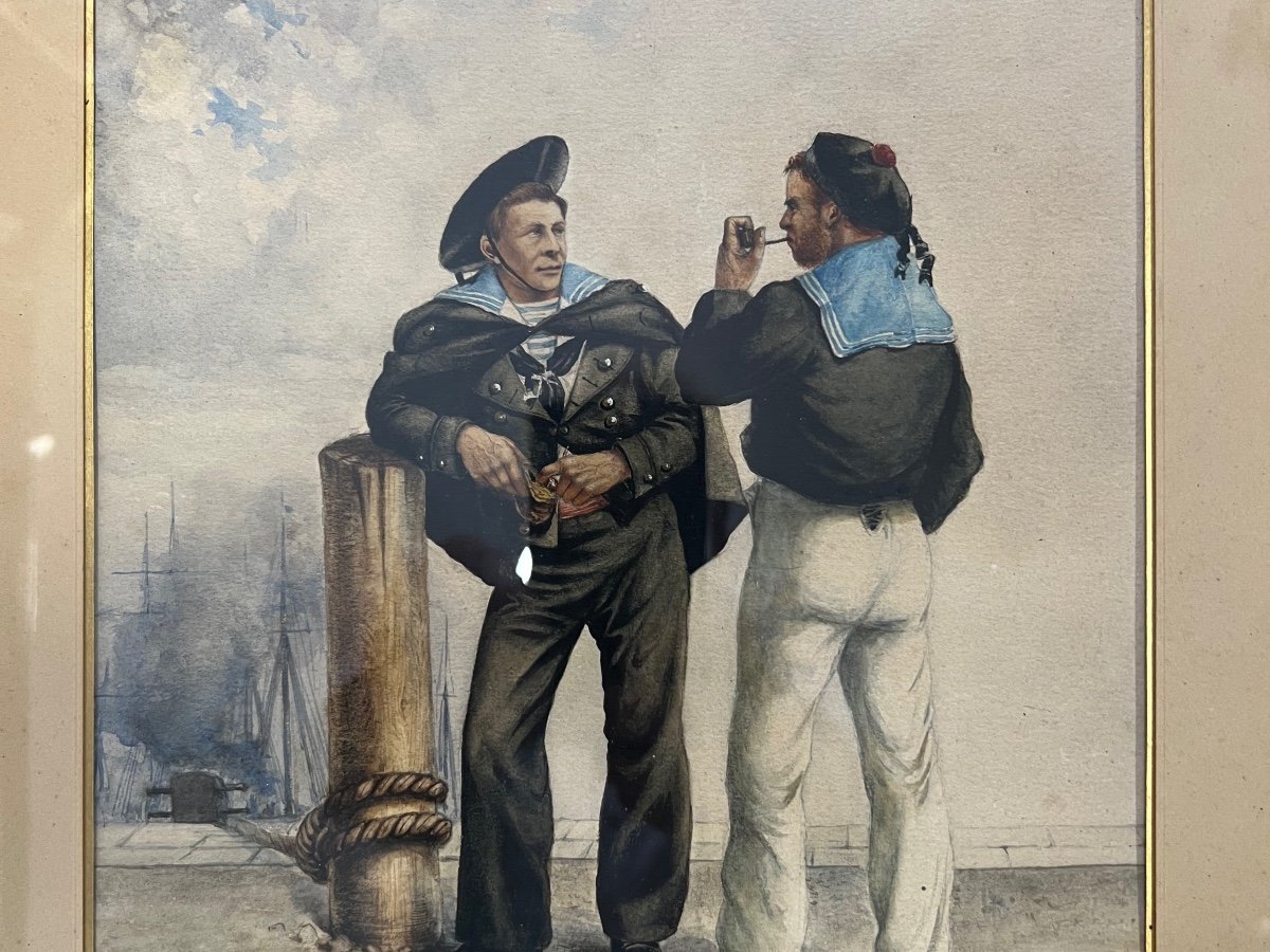 Watercolor Signed Jules Despres 1878 Two Sailors In Port